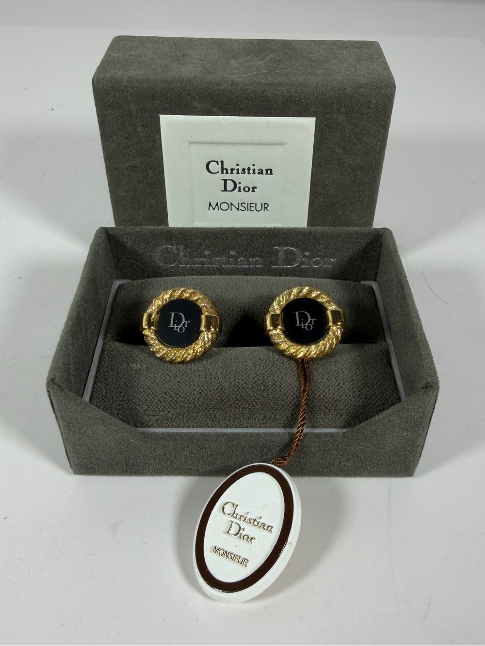 9014: Vintage Christian Dior Monsieur Logo Cufflinks Gold Tone Black Original Bo